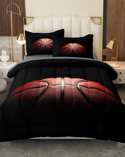 Teenage Boy Bedding Sets Twin 4 Pieces Basketball Comforter Set for Boys Twin Size Bed in a Bag Set, Basketball Bedding Twin, Red Black - LeafyLoom