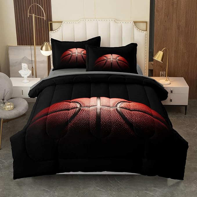 Teenage Boy Bedding Sets Twin 4 Pieces Basketball Comforter Set for Boys Twin Size Bed in a Bag Set, Basketball Bedding Twin, Red Black - LeafyLoom