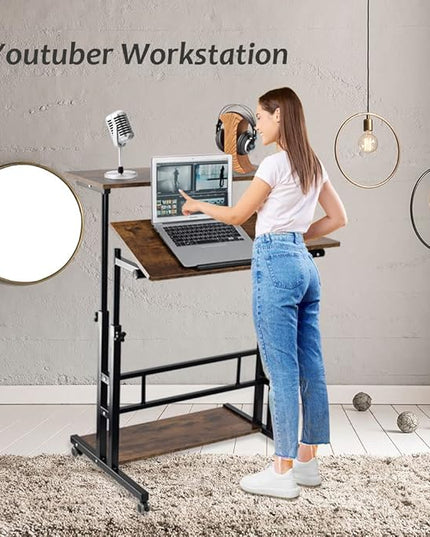 Hadulcet Mobile Standing Desk, Rolling Table Adjustable Computer Desk, Stand Up Laptop Desk Mobile Workstation for Home Office Classroom with Wheels, 31.49 x 23.6 in Rustic Brown - LeafyLoom
