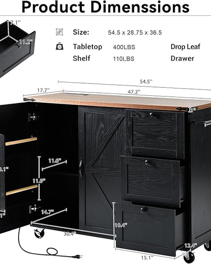 54.5" Farmhouse Island with Power Outlet & Drop Leaf, Rolling Kitchen Cart on Wheels w/Internal Storage, Spice, Towel Rack and Drawers, for Home, Dining Room, Black, 54.5 Inch - LeafyLoom
