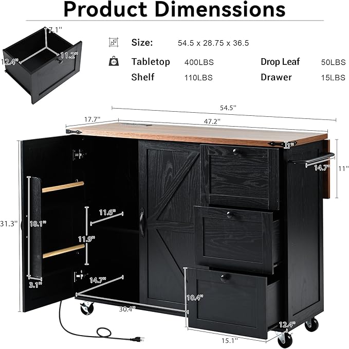 54.5" Farmhouse Island with Power Outlet & Drop Leaf, Rolling Kitchen Cart on Wheels w/Internal Storage, Spice, Towel Rack and Drawers, for Home, Dining Room, Black, 54.5 Inch - LeafyLoom