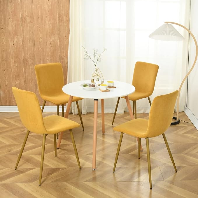 FurnitureR Dining Chairs Upholstered Set of 4, Terry Fabric Accent Side Chair Armless Mid-Back with Metal Legs for Living Room Kitchen Dining Room, Yellow - LeafyLoom