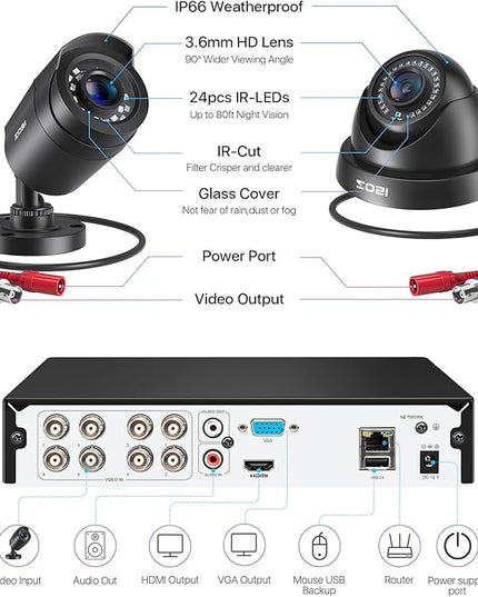 ZOSI 3K Lite 8CH Home Security Camera System Outdoor,8Channel H.265+ CCTV DVR,8pcs 1080p Weatherproof Surveillance Bullet Dome Cameras,Night Vision,AI Human/Vehicle Detection,Remote Access(No HDD) ZOSI