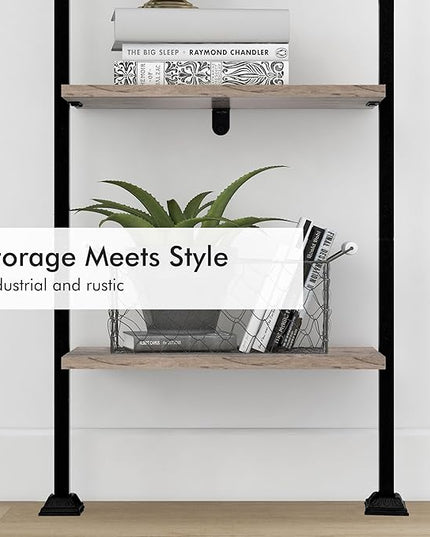 Axeman 5-Tier Ladder Shelf, Tall Narrow Bookcase for Small Spaces, Book Storage Organizer Case Open Shelves for Living Room, Home Office, Study, Industrial Style Black Metal Frame and Gray Shelf - LeafyLoom