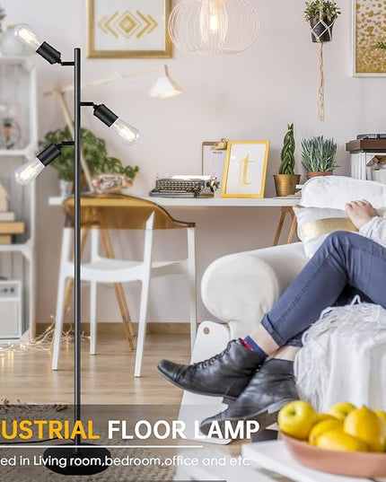 Industrial Floor Lamp, Standing Lamp, Tree Floor Lamp with 3 Adjustable Rotating Lights, E26 Edison Bulb Floor Lamp for Living Room, Bedroom, Home, Office(Bulb not Included) (Black) - LeafyLoom