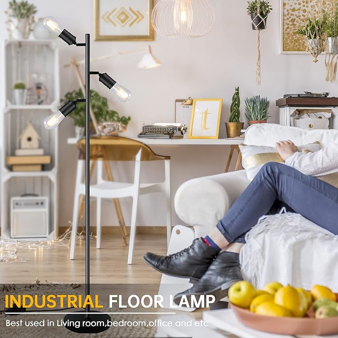 Industrial Floor Lamp, Standing Lamp, Tree Floor Lamp with 3 Adjustable Rotating Lights, E26 Edison Bulb Floor Lamp for Living Room, Bedroom, Home, Office(Bulb not Included) (Black) - LeafyLoom