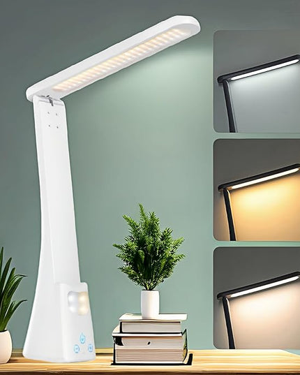 LED Desk Lamp with Night Light Foldable Portable High Brightness Eye Care Lamp. Touch Control, Rechargeable, for Home Reading Light, Office and Dormitory (White 2.0) - LeafyLoom
