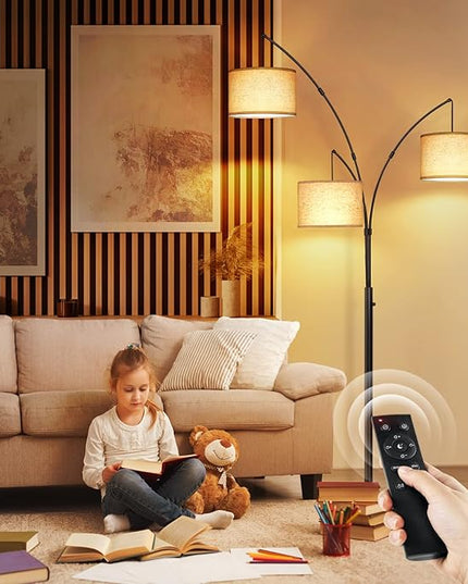 OUTON Arc LED Floor Lamp with Remote Control, Dimmable Modern Black 3 Light Arched Tall Floor Lamp, Mid Century Adjustable Standing Corner Lamps for Bedroom, Office, Living Room, Beige Lampshade - LeafyLoom