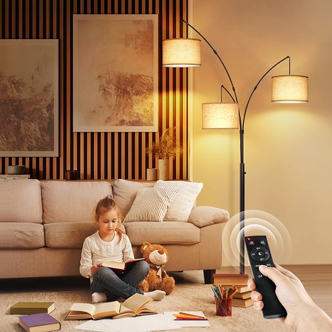 OUTON Arc LED Floor Lamp with Remote Control, Dimmable Modern Black 3 Light Arched Tall Floor Lamp, Mid Century Adjustable Standing Corner Lamps for Bedroom, Office, Living Room, Beige Lampshade - LeafyLoom