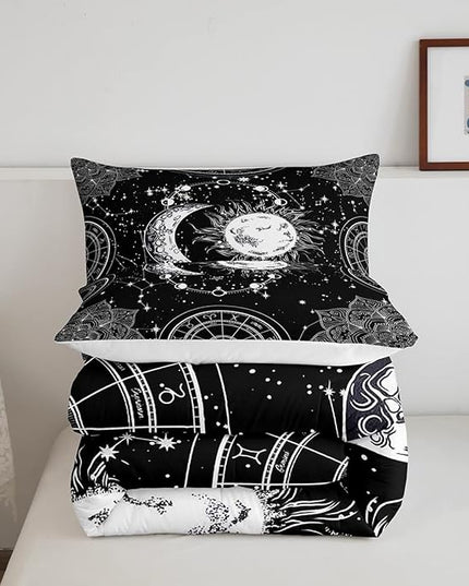 Sun and Moon Bedding Set Constellation Galaxy Comforter Set for Kids Boys Girls Teens Psychedelic Boho Mandala Comforter Breathable Celestial Duvet Set Black White Room Decor Quilt Cover Queen Size - LeafyLoom