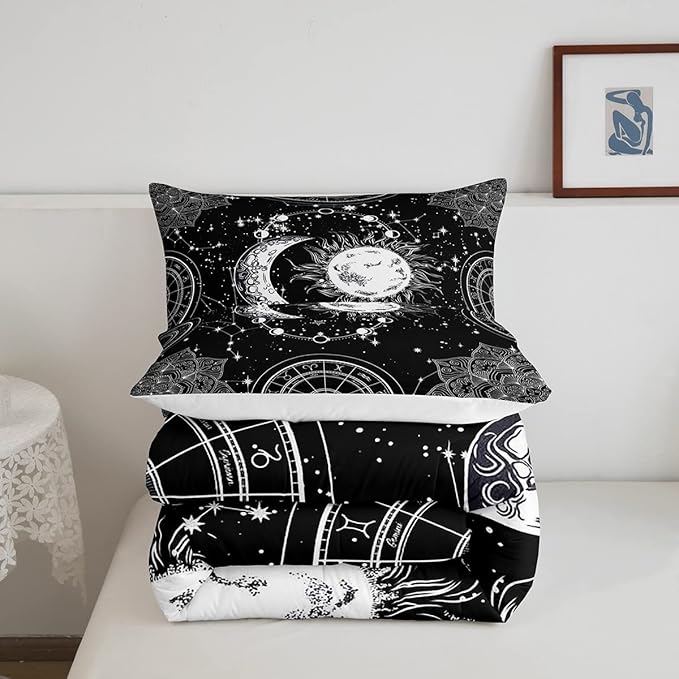 Sun and Moon Bedding Set Constellation Galaxy Comforter for Kids Boys Girls Teens Psychedelic Boho Mandala Comforter Breathable Celestial Duvet Set Black White Room Decor Quilt Cover Full Size - LeafyLoom