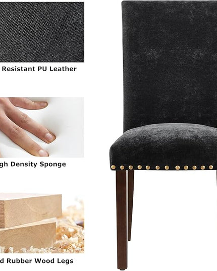 COLAMY Upholstered Parsons Dining Chairs Set of 6, Fabric Dining Room Kitchen Side Chair with Nailhead Trim and Wood Legs - F-Black - LeafyLoom