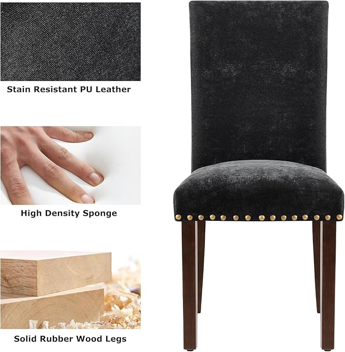 COLAMY Upholstered Parsons Dining Chairs Set of 6, Fabric Dining Room Kitchen Side Chair with Nailhead Trim and Wood Legs - F-Black - LeafyLoom
