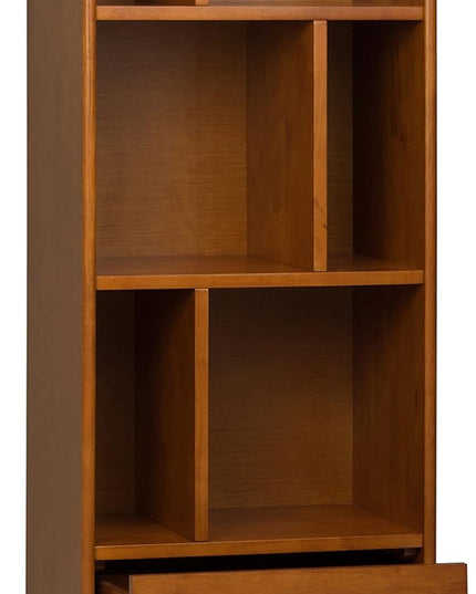 SIMPLIHOME Solid Hardwood 22 Inch Mid Century Bookcase, End Table and Storage Unit Bundle in Teak Brown, 6 Shelves and Drawer - LeafyLoom