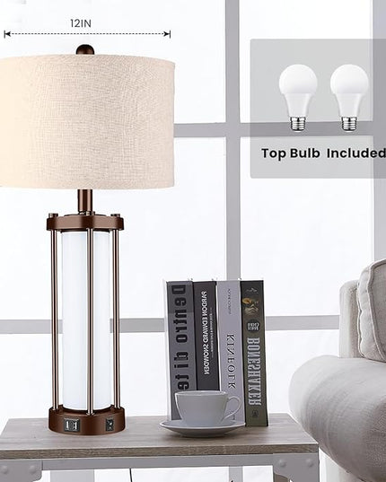 Set of 2 Farmhouse Lamps for Living Room, Rustic Vintage Bedroom Nightstand Table Lamp with 2 USB Charging Ports, Built-in Frosted Glass Night Light for End Table Entryway, Bulbs Included (Bronze) - LeafyLoom