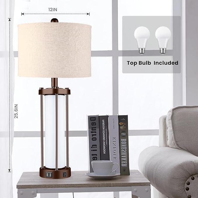 Set of 2 Farmhouse Lamps for Living Room, Rustic Vintage Bedroom Nightstand Table Lamp with 2 USB Charging Ports, Built-in Frosted Glass Night Light for End Table Entryway, Bulbs Included (Bronze) - LeafyLoom