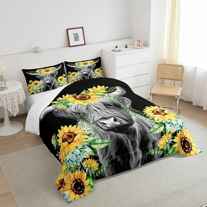 Highland Cow Bedding Set Kids Sunflower Floral Western Cow Bull Comforter Set for Girls Teens Farmhouse Wildlife Animal Comforter Black Duvet Set Room Decor Quilt Set Twin Size - LeafyLoom