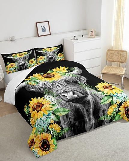 Highland Cow Bedding Set Kids Sunflower Floral Western Cow Bull Comforter Set for Girls Teens Farmhouse Wildlife Animal Comforter Black Duvet Set Room Decor Quilt Set Full Size - LeafyLoom