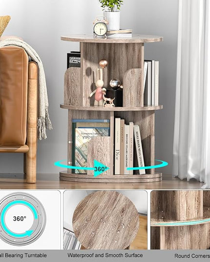 Nidouillet Small Rotating Bookshelf, 2 Tier Revolving Bookcase 360° Display Round Bookshelf Narrow Swivel Corner Book Shelf Standing Bookcase Adult Bedroom - LeafyLoom