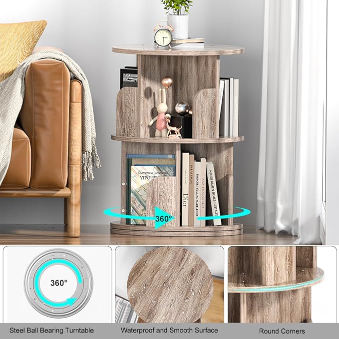 Nidouillet Small Rotating Bookshelf, 2 Tier Revolving Bookcase 360° Display Round Bookshelf Narrow Swivel Corner Book Shelf Standing Bookcase Adult Bedroom - LeafyLoom