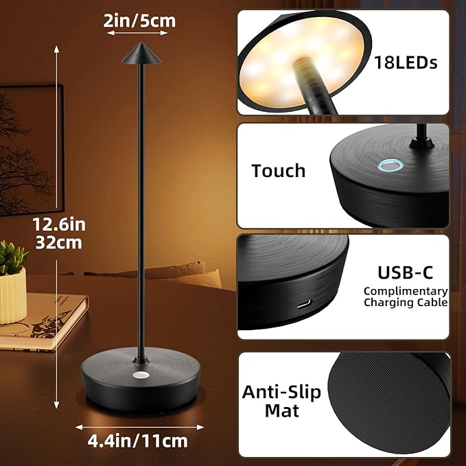 Cordless Table Lamp Rechargeable-Protable 6000mAh Battery Operated Outdoor Waterproof Table Light-Dimmable LED Touch Desk Lamps for Patio Dining Restaurant Home Living Room Set of 2 Black - LeafyLoom