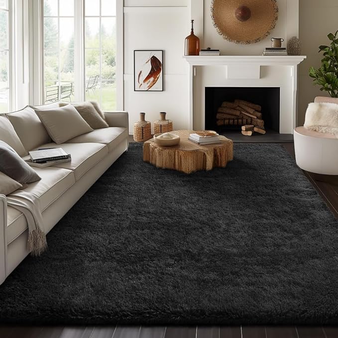 Ophanie Machine Washable Upgrade 8x10 Rugs for Living Room, Black, Fluffy Shaggy Soft Area Rug, Black Non-Slip Indoor Floor Carpet for Bedroom, Kids Baby Boys Teen Dorm Home Decor Aesthetic, Nursery - LeafyLoom