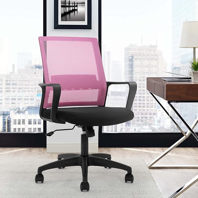 Office Chair Ergonomic Desk Task Chair Mesh Computer Chair Mid-Back Mesh Home Office Swivel Chair Modern Executive Chair with Wheels Armrests Lumbar Support (Pink) - LeafyLoom