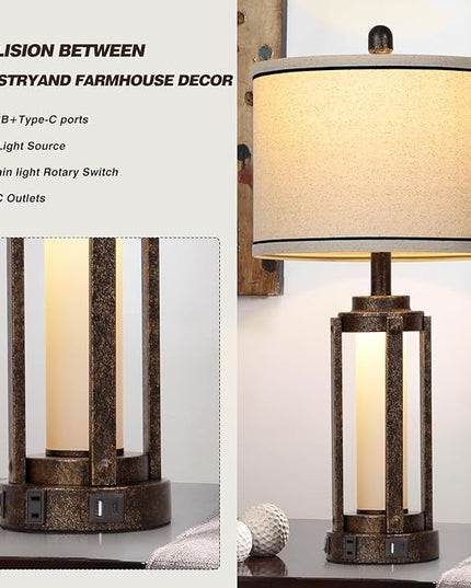 26" Farmhouse Table Lamps Set of 2, Vintage Rustic Industrial Beside Lamps with USB A+C Charging Ports & AC Outlet, Nightstand Lamp with Glass Night Light & Linen Fabric Shade for Living Room Bedrooms - LeafyLoom