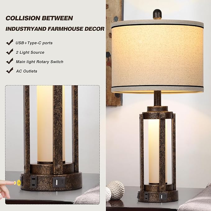 26" Farmhouse Table Lamps Set of 2, Vintage Rustic Industrial Beside Lamps with USB A+C Charging Ports & AC Outlet, Nightstand Lamp with Glass Night Light & Linen Fabric Shade for Living Room Bedrooms - LeafyLoom
