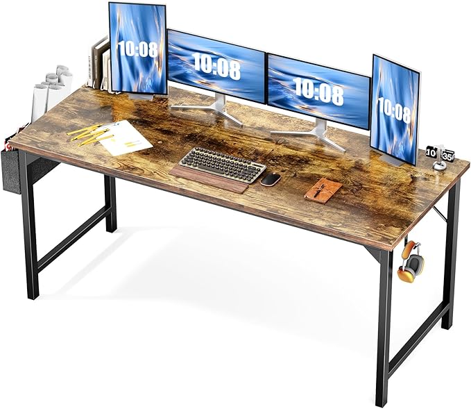 JHK Computer Desk Office 63 Inch Writing Work Kids Study Simple Wooden Table for Home Bedroom Modern Style with Headphone Hooks & Storage Bag, Rustic Brown - LeafyLoom