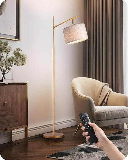 EDISHINE Modern Dimmable Floor Lamp, 63.8" Standing Lamp with Remote Control, E26 Socket, Acr Floor Lamp with Beige Shade for Bedroom, Living Room, Office, LED Bulb Included (Gold) - LeafyLoom