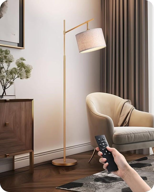 EDISHINE Modern Dimmable Floor Lamp, 63.8" Standing Lamp with Remote Control, E26 Socket, Acr Floor Lamp with Beige Shade for Bedroom, Living Room, Office, LED Bulb Included (Gold) - LeafyLoom