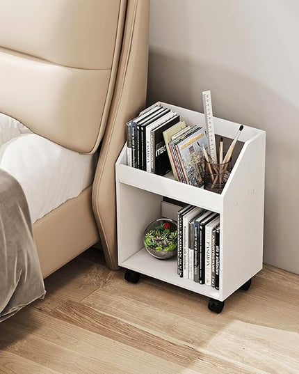 2-Tier Mobile Bookshelf, White Bookcase with Wheels, Rolling File Holder Desk File Book Organizer for Home Office Living Room School - LeafyLoom