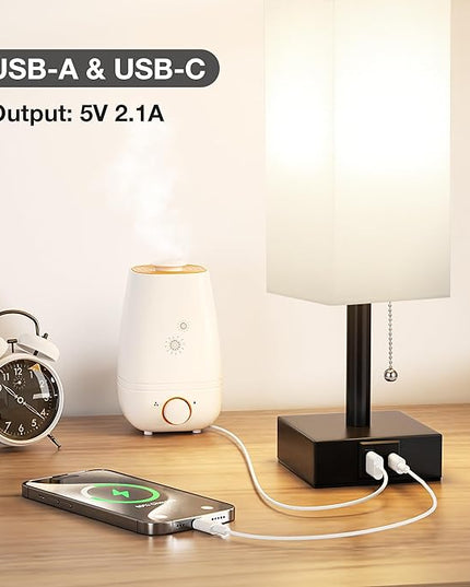 White Small Table Lamp for Bedroom - 3 Color Temperature 3000K 5000K 4000K Bedside Lamp, Pull Chain Control, USB A and C Charging Ports, Black Base, for Kids Office Dorm Nightstand, Bulb Included - LeafyLoom