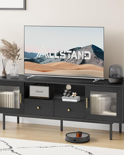 TV Stand for 65 Inch TV, Modern Entertainment Center with 2 Cabinets and 2 Drawers, Mid Century TV Stand for 55/60/65 inch TV, Media Console for Bedroom, Living Room and Office, Black - LeafyLoom