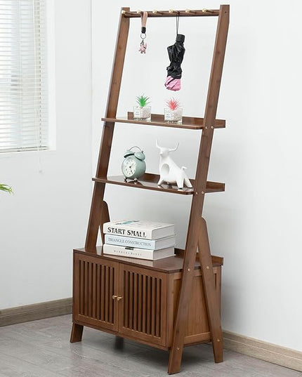 Bamboo Ladder Shelf Modern Wood Bookshelf Tall Bookcase Leaning Wall Shelves Open Standing Storage Rack Shelves for Living Room, Bathroom, Kitchen, Office(Brown, 4 Tier-21x11x59) - LeafyLoom