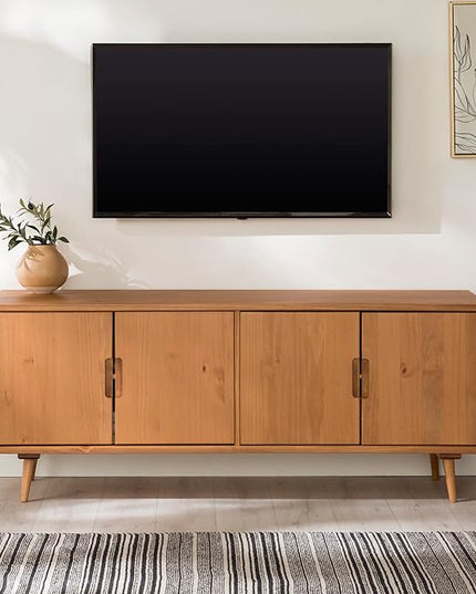 Walker Edison Genia Mid-Century Modern Solid Wood Stand for TVs up to 65 Inches, Caramel - LeafyLoom