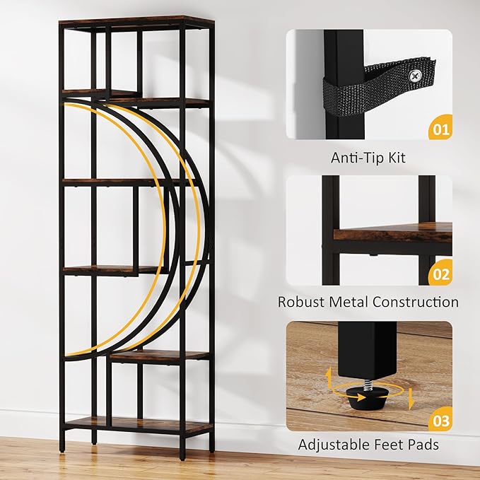 Bookshelf, 70.9" Tall Bookcase with 7-Shelf Open Bookshelves, Wood Metal Book Shelf Freestanding Display Rack Storage Shelving Unit for Office, Bedroom, Living Room, Easy Assembly - LeafyLoom