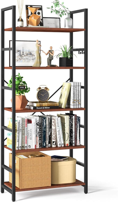 Yoobure 5 Tier Bookshelf - Tall Book Shelf Modern Bookcase for CDs/Movies/Books, Rustic Book Case Industrial Bookshelves Book Storage Organizer for Bedroom Home Office Living Room Brown - LeafyLoom