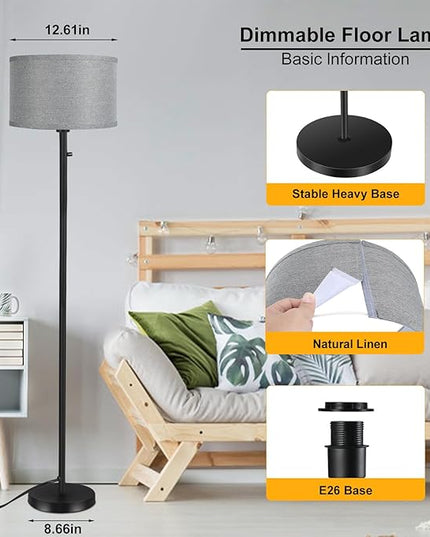 Floor Lamps for Living Room, Stepless Dimmable Standing Lamp, Modern Floor Lamp with Rotary Switch, Gray Linen Shade, 9W Led Bulb Included(1000LM,2700K), Tall Lamp for Bedroom, Office, Farmhouse - LeafyLoom