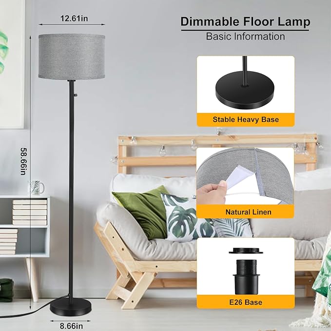 Floor Lamps for Living Room, Stepless Dimmable Standing Lamp, Modern Floor Lamp with Rotary Switch, Gray Linen Shade, 9W Led Bulb Included(1000LM,2700K), Tall Lamp for Bedroom, Office, Farmhouse - LeafyLoom