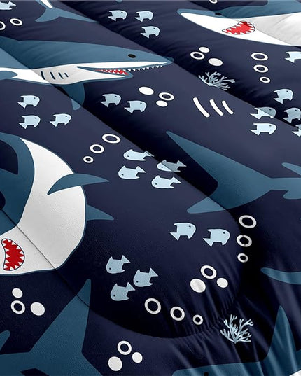 Shark Twin Comforter Set for Boys - 2Pcs Boys Sharks Bedding Set Twin Size Shark Print Comforter Set for Kids Boys Sea Animals Pattern Bedding Set for Bedroom, 1 Comforter with 1 Pillowcases - LeafyLoom