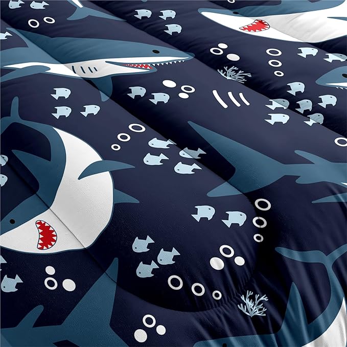 Shark Bedding Set for Boys Bedroom - 3Pcs Full Size Cartoon Sharks Comforter Set for Boys Kids Drak Blue Sea Animal Theme Bedding Set for Kids Room Decor Sharks Pattern Comforter with 2 Pillowcases - LeafyLoom
