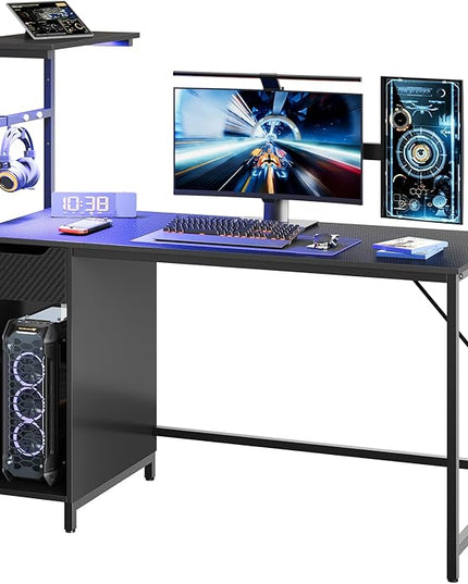 Bestier Gaming Desk with Drawer and LED Lights, 48 inch Computer Desk PC Table with Adjustable Storage Shelves & Hook for Home Office, Carbon Fiber Black - LeafyLoom