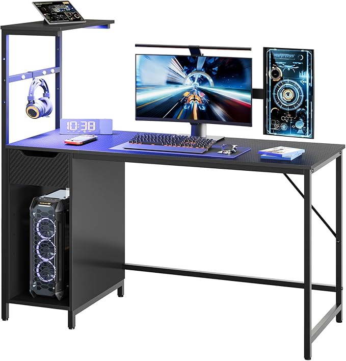 Bestier Gaming Desk with Drawer and LED Lights, 48 inch Computer Desk PC Table with Adjustable Storage Shelves & Hook for Home Office, Carbon Fiber Black - LeafyLoom