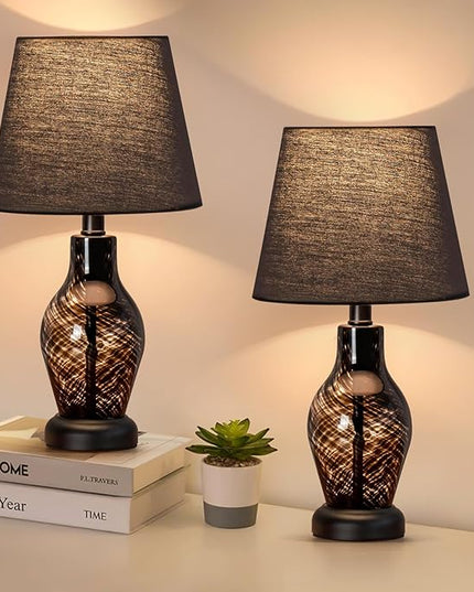 Small Bedside Table Lamp Set of 2, Wine Bottle Shape Glass Body, Warm Ambient Lighting, Bulb Included, 14" Height, Black - LeafyLoom