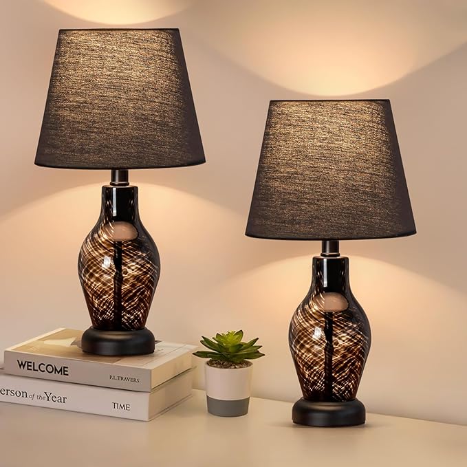 Small Bedside Table Lamp Set of 2, Wine Bottle Shape Glass Body, Warm Ambient Lighting, Bulb Included, 14" Height, Black - LeafyLoom
