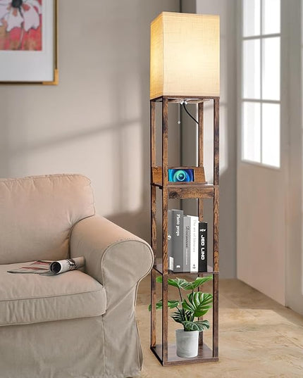 RUNTOP Floor Lamp with Shelves, Shelf Floor Lamp with Wireless Charger & 2 Charging USB Ports & Drawer, AC Outlet, 3 Color Temperature Tall Standing Lamp with Bulb for Living Room, Bedroom, Office - LeafyLoom