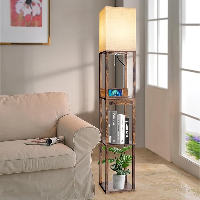 RUNTOP Floor Lamp with Shelves, Shelf Floor Lamp with Wireless Charger & 2 Charging USB Ports & Drawer, AC Outlet, 3 Color Temperature Tall Standing Lamp with Bulb for Living Room, Bedroom, Office - LeafyLoom
