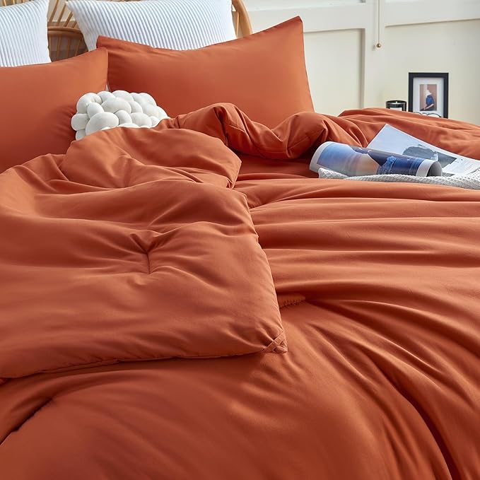 CozyLux Terracotta Comforter Set Twin/Twin XL Size, 2 Pieces Twin Extra Long Solid Burnt Orange Breathable Boho Style Bedding Sets, Luxury Soft Comforter All Season(1 Comforter & 1 Pillowcase) - LeafyLoom
